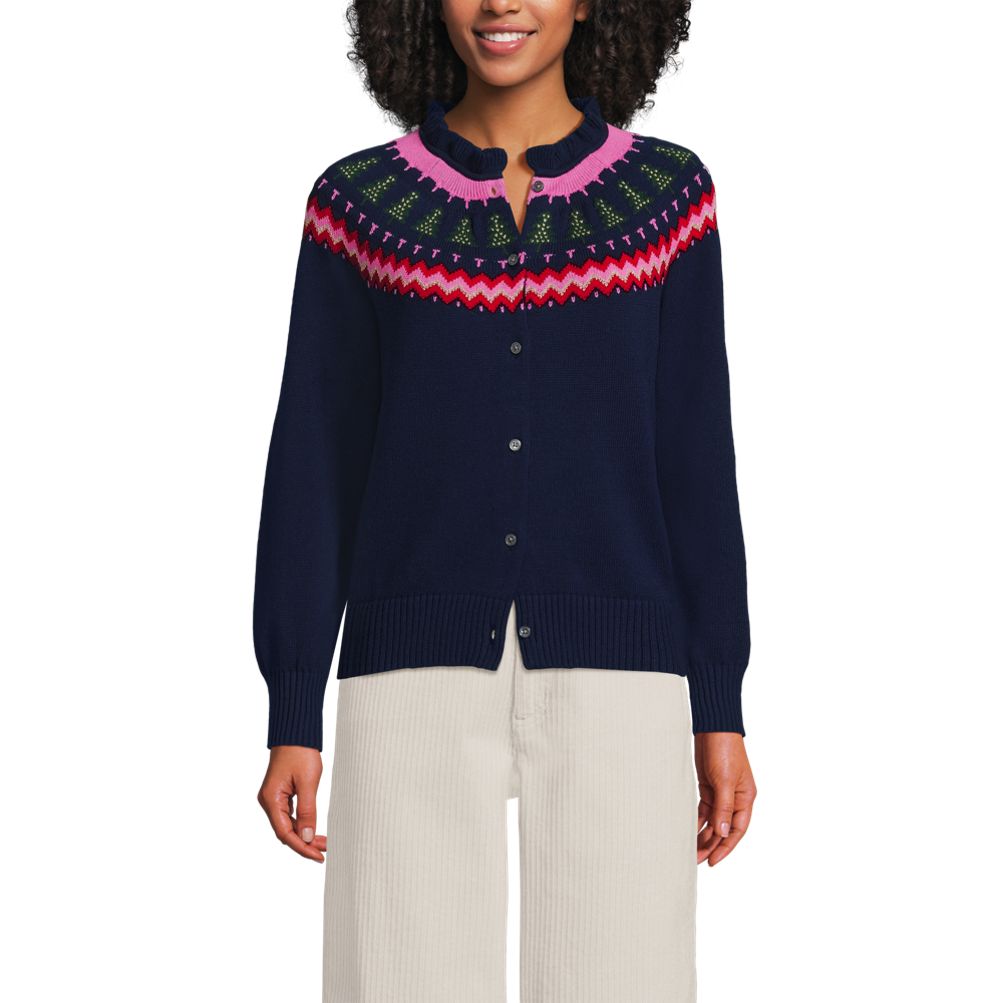 Women's Drifter Lurex Ruffle Neck Jacquard Cardigan Sweater