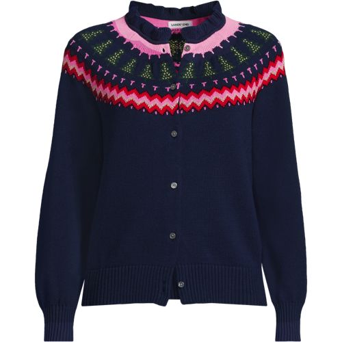 Women's Drifter Lurex Ruffle Neck Jacquard Cardigan Sweater, Front