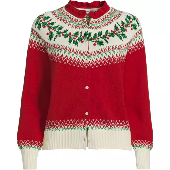 Women's Drifter Lurex Ruffle Neck Jacquard Cardigan Sweater - primary