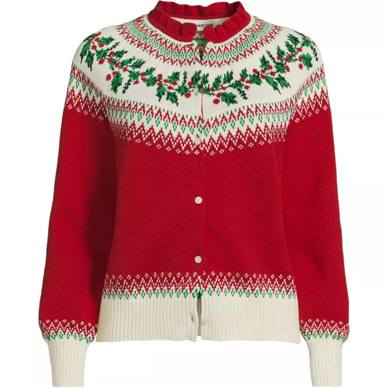 Women's Plus Size Drifter Lurex Ruffle Neck Jacquard Cardigan Sweater, Front