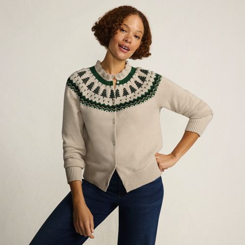 Women's Drifter Lurex Ruffle Neck Jacquard Cardigan Sweater, alternative image