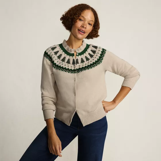 Women's Drifter Lurex Ruffle Neck Jacquard Cardigan Sweater - primary