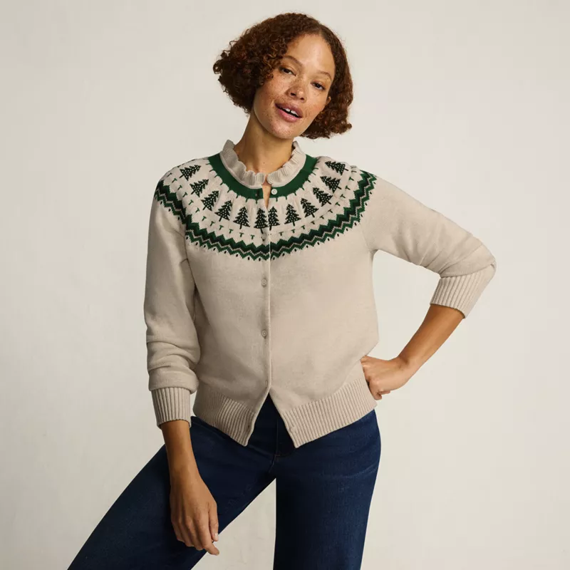 Women's Drifter Lurex Ruffle Neck Jacquard Cardigan Sweater, alternative image