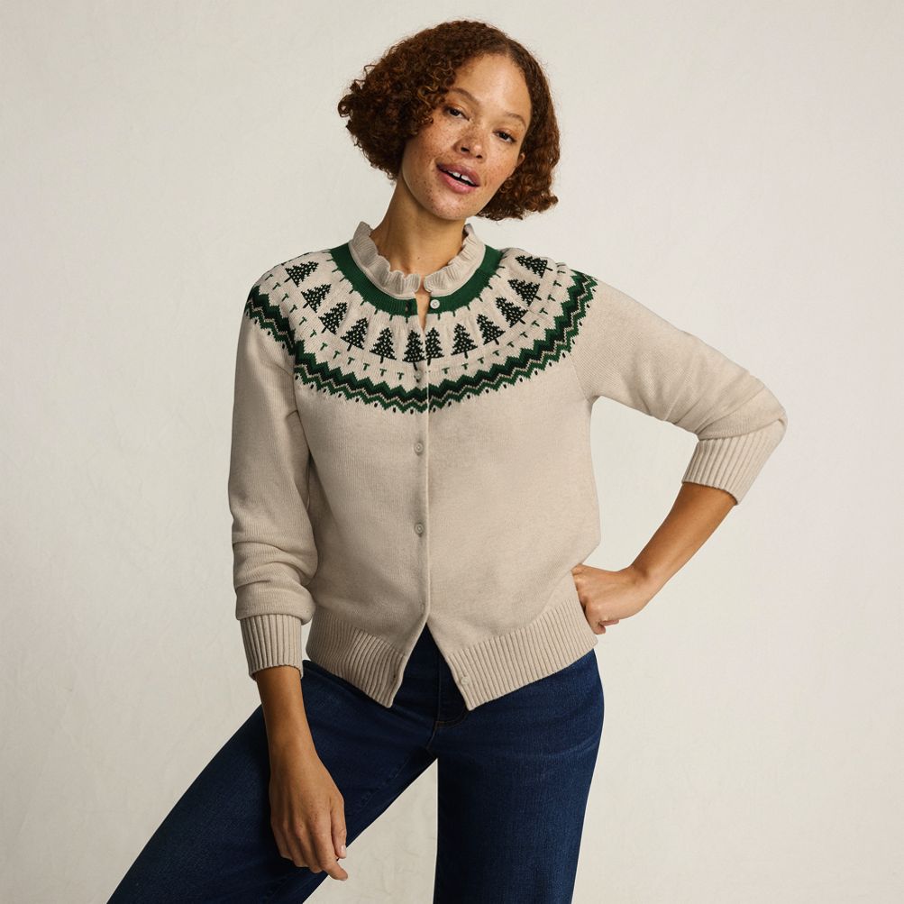 Women's Drifter Lurex Ruffle Neck Jacquard Cardigan Sweater