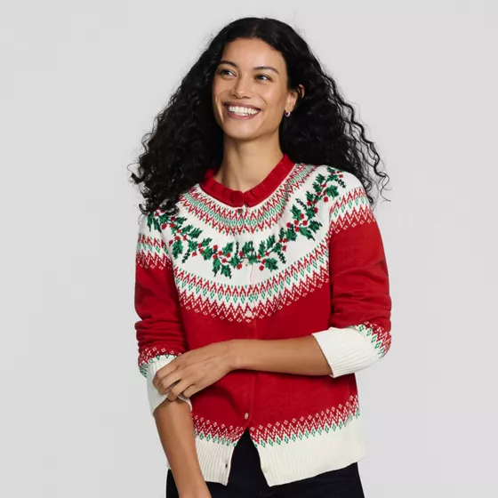 Women's Drifter Lurex Ruffle Neck Jacquard Cardigan Sweater - primary