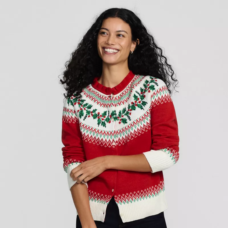 Women's Drifter Lurex Ruffle Neck Jacquard Cardigan Sweater, alternative image