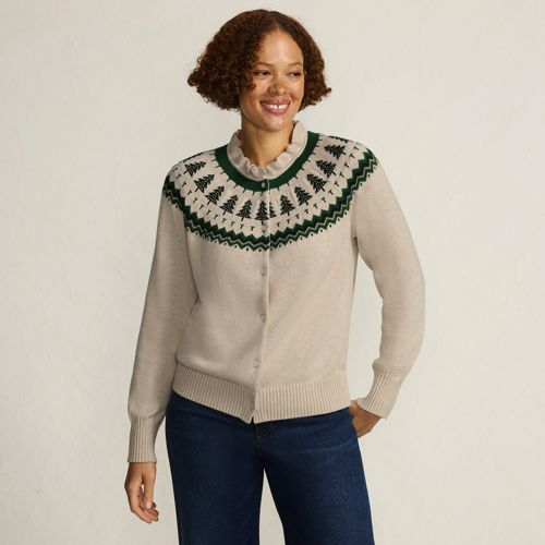 Women's Drifter Lurex Ruffle Neck Jacquard Cardigan Sweater, Front