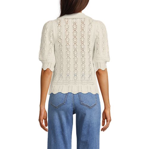 Women's Lace Pointelle Puff Sleeve Cardigan Sweater, Back