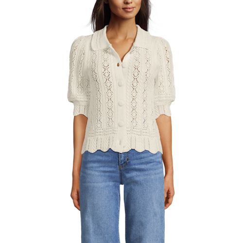 Women's Lace Pointelle Puff Sleeve Cardigan Sweater, Front