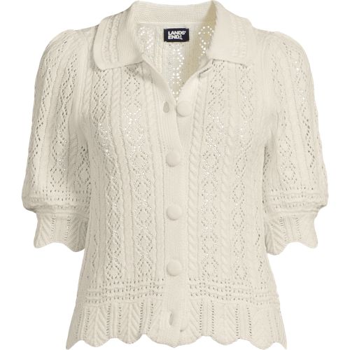 Women's Lace Pointelle Puff Sleeve Cardigan Sweater, Front