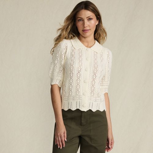 Women's Lace Pointelle Puff Sleeve Cardigan Sweater, Front