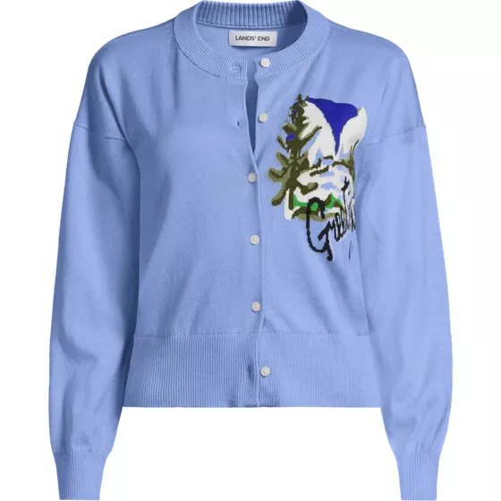 Women's Plus Size Cropped Placed Jacquard Fine Gauge Crew Neck Cardigan Sweater - primary