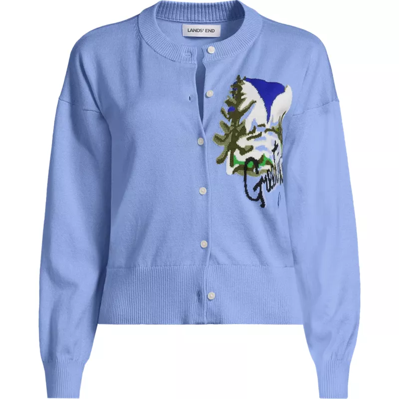 Women's Plus Size Cropped Placed Jacquard Fine Gauge Crew Neck Cardigan Sweater, Front