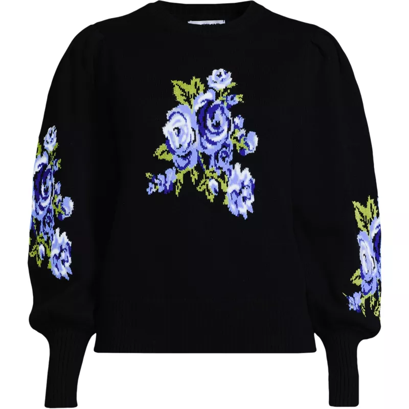 Women's Plus Size Drifter Puff Sleeve Jacquard Crew Neck Sweater, Front