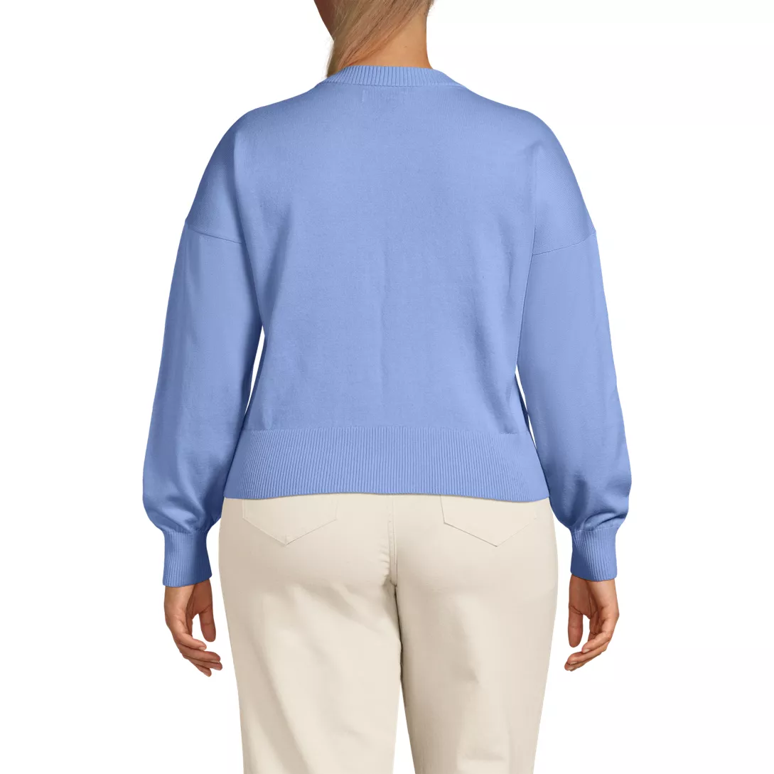 Women's Cropped Placed Jacquard Fine Gauge Crew Neck Cardigan Sweater