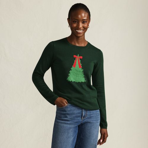 Fine Knit Christmas Jumper, Women, size: L, regular, Green, Cotton/Polyester/Metallic, by Lands' End