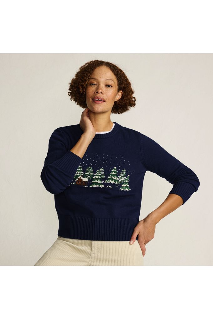 Lands' End Women's Drifter Modern Jacquard Crew Neck Sweater In Blue