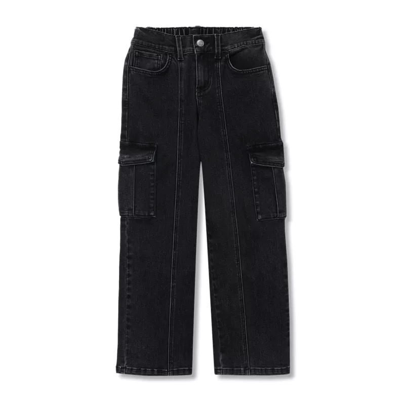 Girls Denim Cargo Wide Leg Jeans, alternative image