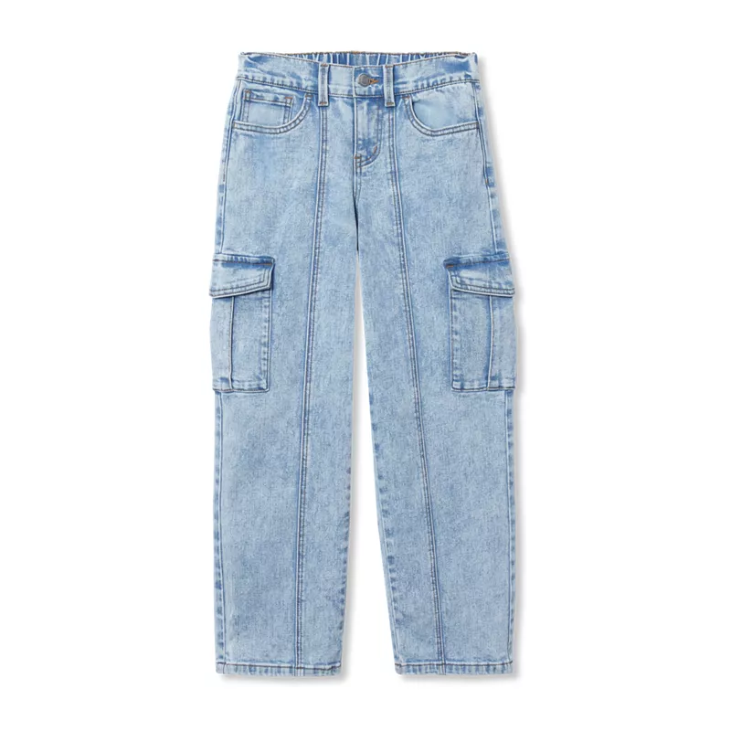 Girls Denim Cargo Wide Leg Jeans, alternative image