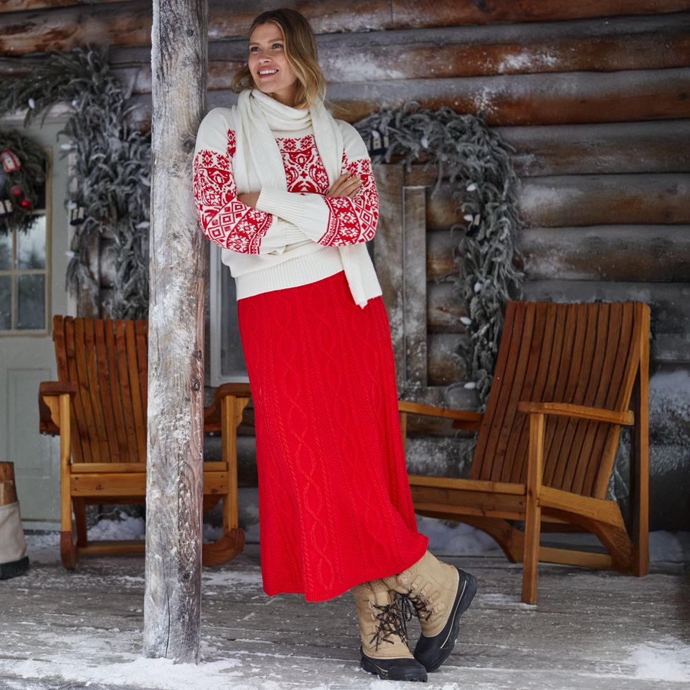 Women's Cozy Lofty Cable Fluted Midi Sweater Skirt | Lands' End