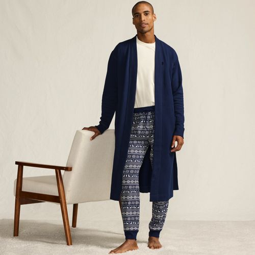 Serious Sweats Calf Length Robe, Men, size: M, regular, Blue, Cotton-blend/Poly-blend, by Lands' End