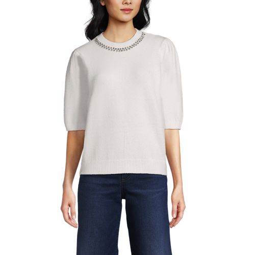  Lands' End Kurzarm-pullover Wool Touch Mit Strassverzierung, Damen, Größe:32-34 Regular, Weiß, Wolle/polyester/viskose, By Lands' End 
