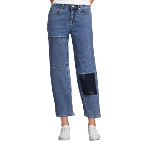 Women's Soft Denim Mid Rise Relaxed Straight Crop Patchwork Jeans - image 5