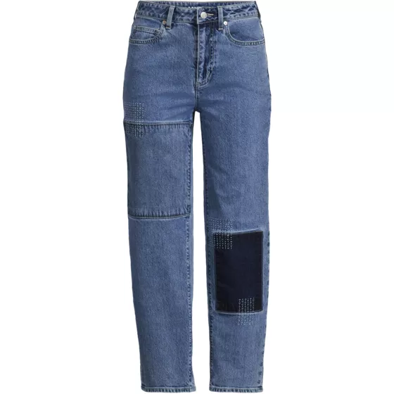 Women's Plus Size Soft Denim Mid Rise Relaxed Straight Crop Patchwork Jeans - primary