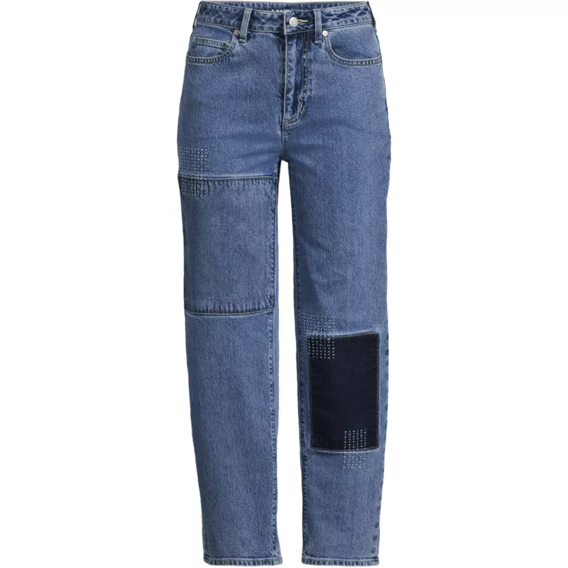 Women's Plus Size Soft Denim Mid Rise Relaxed Straight Crop Patchwork Jeans, Front