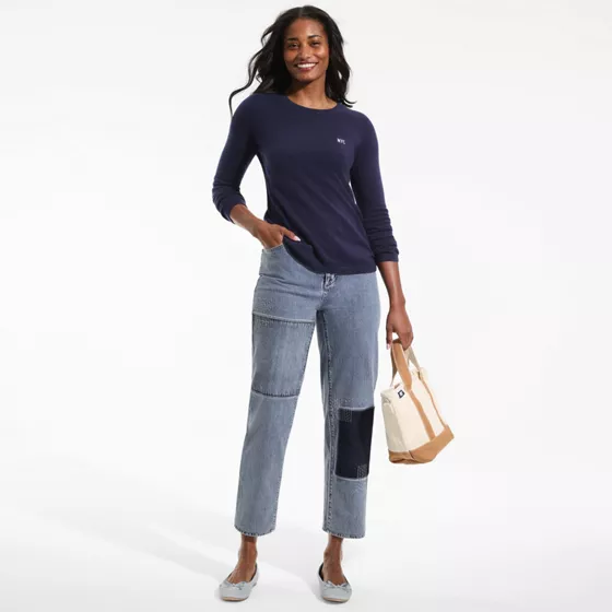 Women's Petite Soft Denim Mid Rise Relaxed Straight Crop Patchwork Jeans - primary