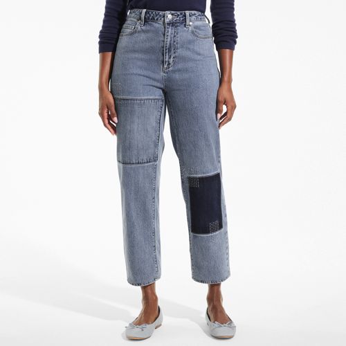 Women's Soft Denim Mid Rise Relaxed Straight Crop Patchwork Jeans - image 3