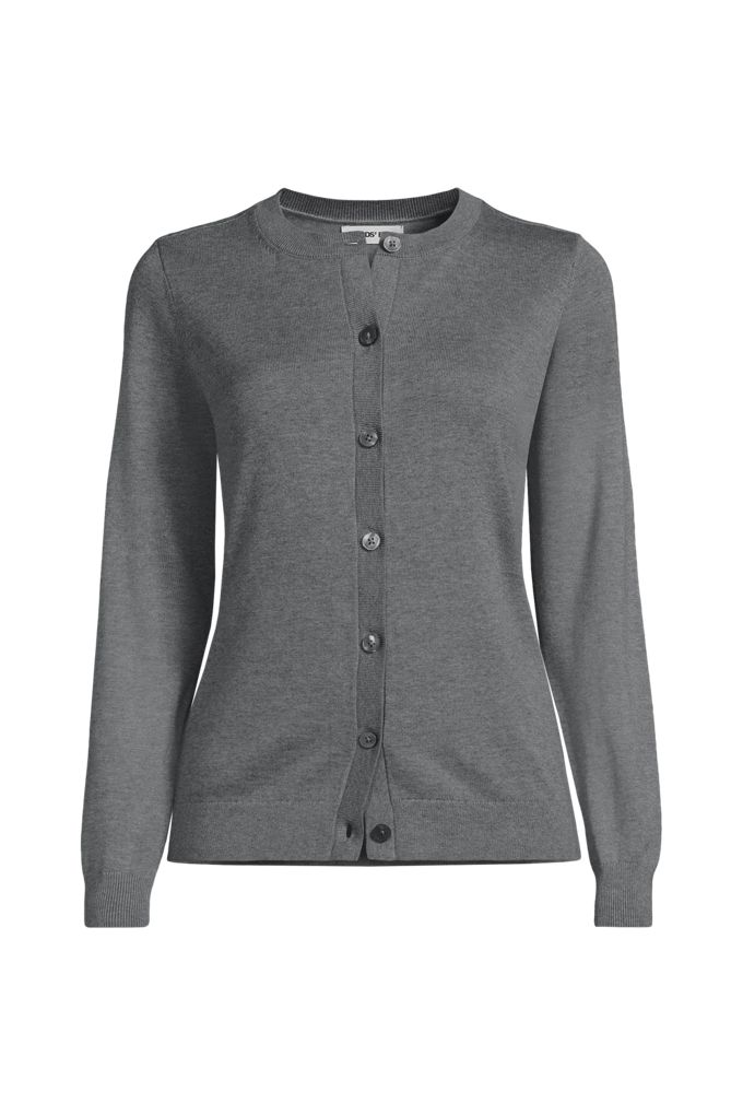 Lands' End Women's Tall Cotton Modal Crew Neck Cardigan Sweater In Gray