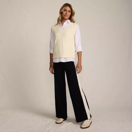 Women's Fine Gauge Cotton Side Stripe Wide Leg Sweater Pants - primary