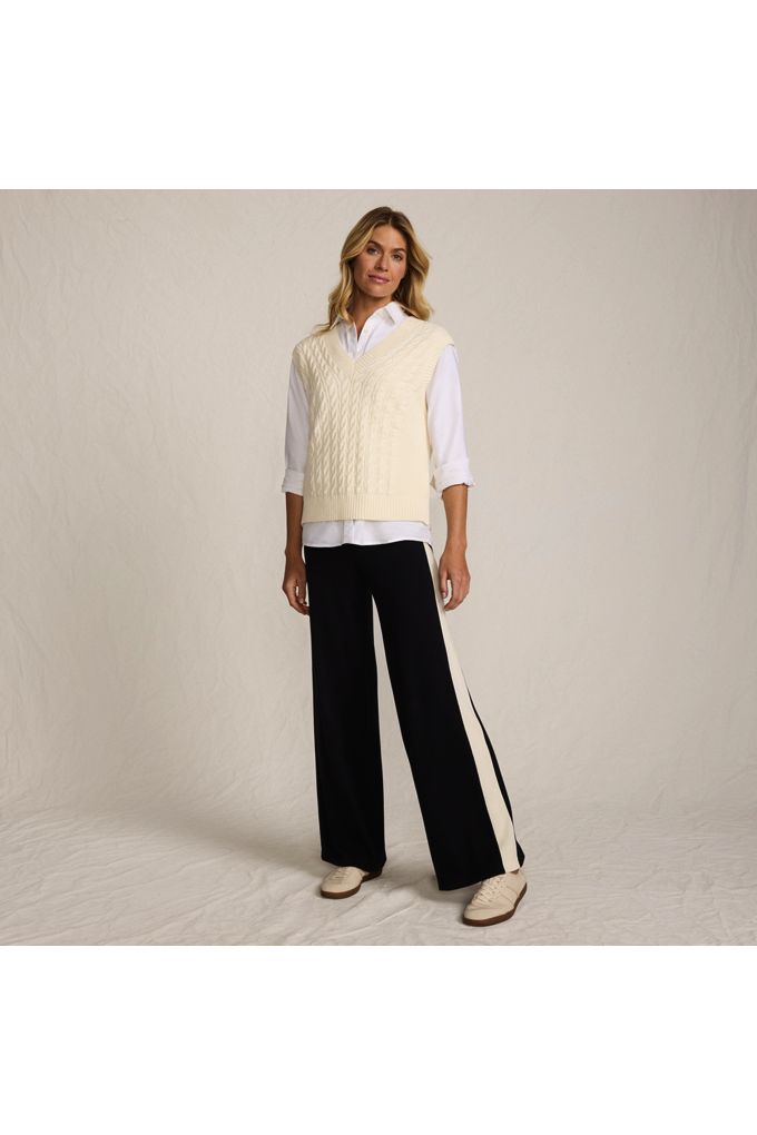 Lands' End Women's Petite Fine Gauge Cotton Side Stripe Wide Leg Sweater Pants In Black
