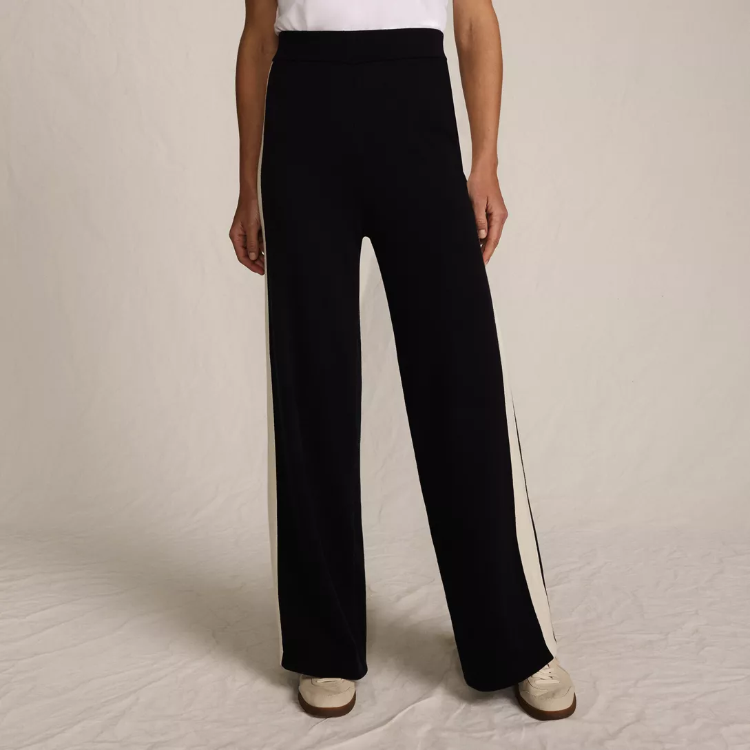 Women's Fine Gauge Cotton Side Stripe Wide Leg Sweater Pants