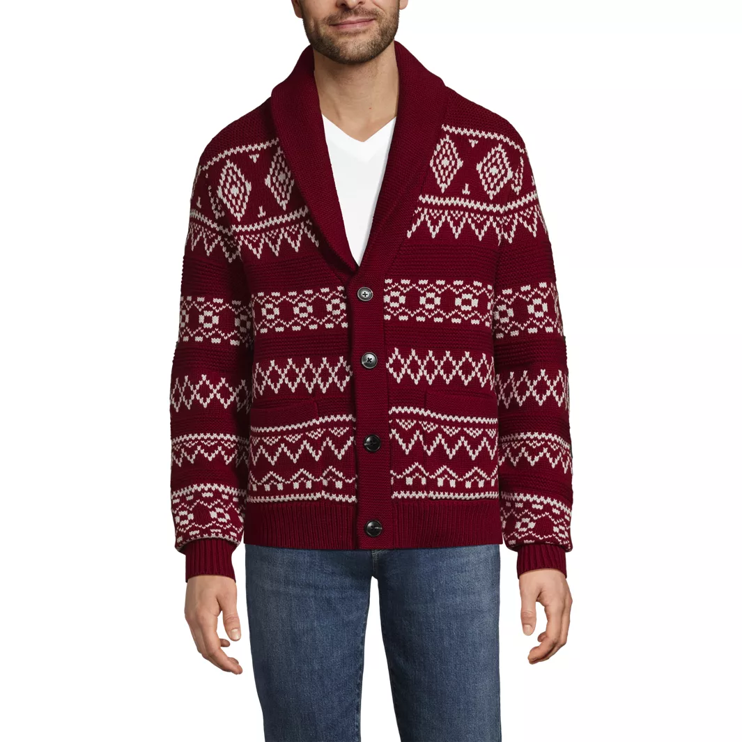 Men's Long Sleeve Cotton Blend Shawl Fairisle Cardigan
