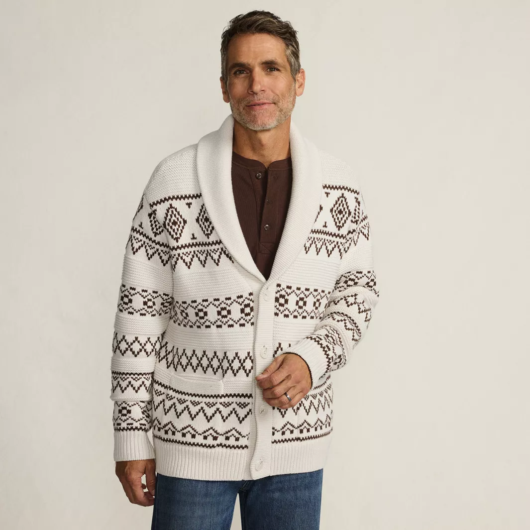 Men's Long Sleeve Cotton Blend Shawl Fairisle Cardigan