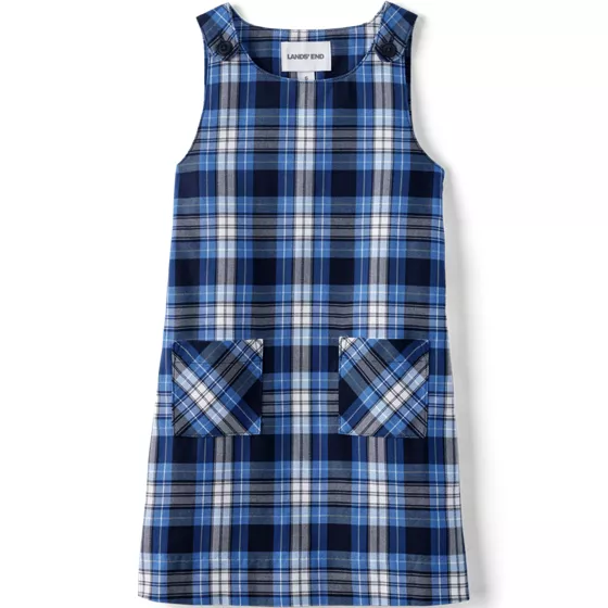School Uniform Girls Plaid Button Shoulder Patch Pocket Jumper - primary