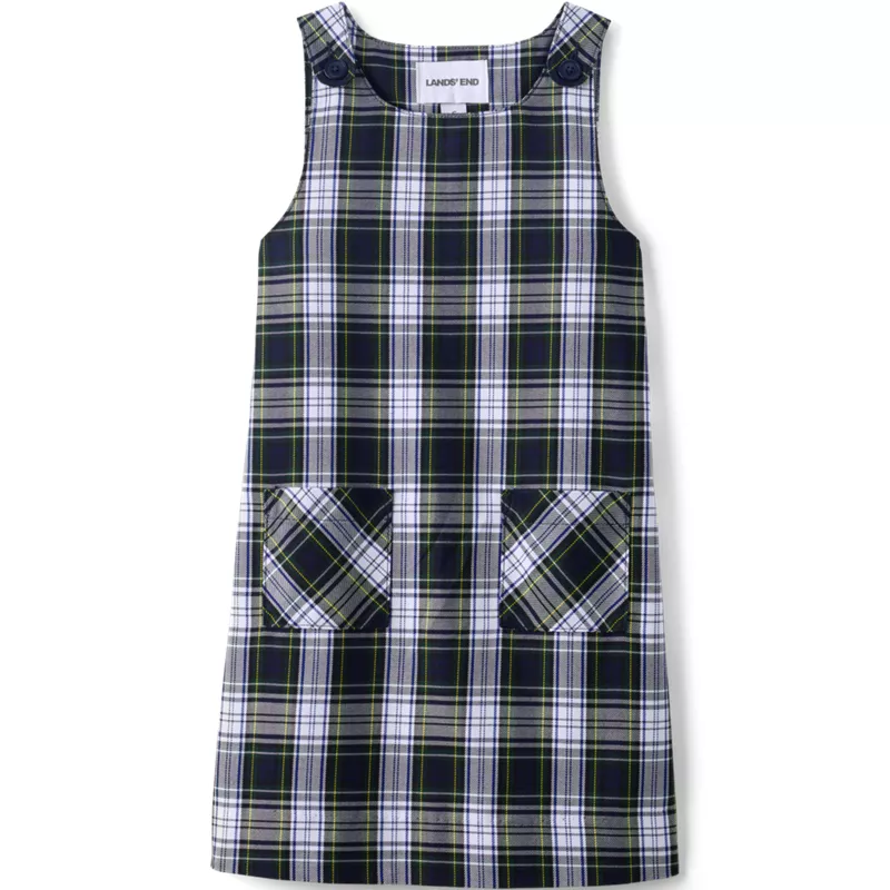 Girls Plaid Button Shoulder Patch Pocket Jumper, Front
