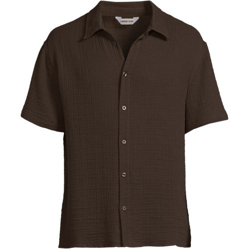 Short Sleeve Double Cloth Shirt, Men, size: M, regular, Brown, by Lands' End