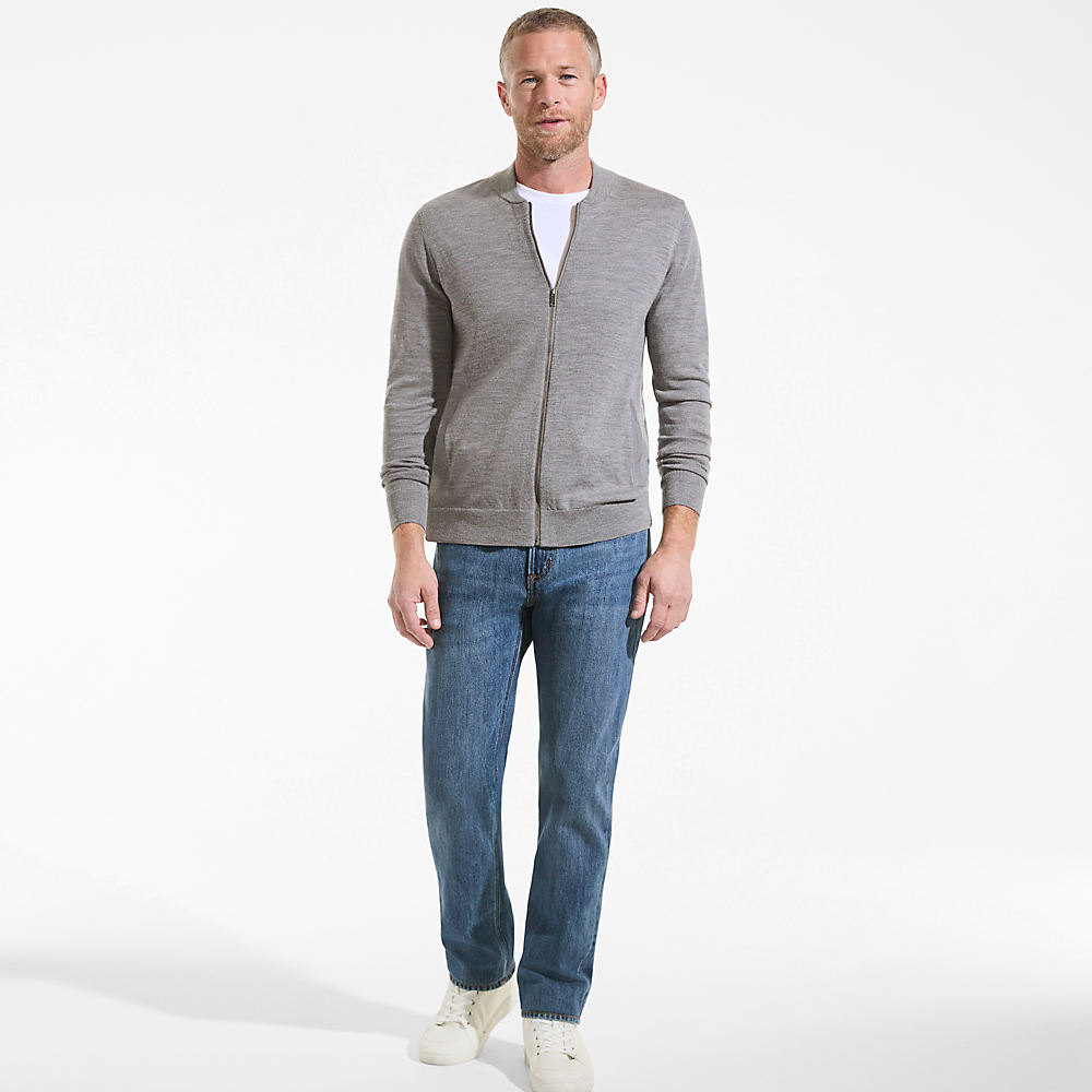 Zipped Merino Wool Cardigan, Men, size: M, regular, Grey, Wool, by Lands' End