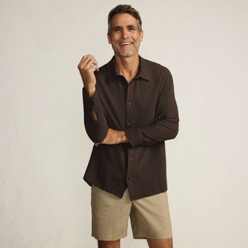 Long Sleeve Double Cloth Shirt, Men, size: S, regular, Brown, by Lands' End