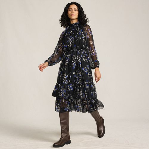 Women's Pleated Square Neck Light Weight Denim Midi Dress | Lands' End