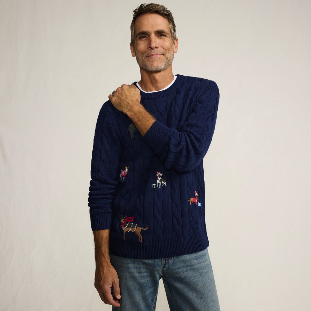 Men's Long Sleeve Embroidered Drifter Cable Sweater | Lands' End