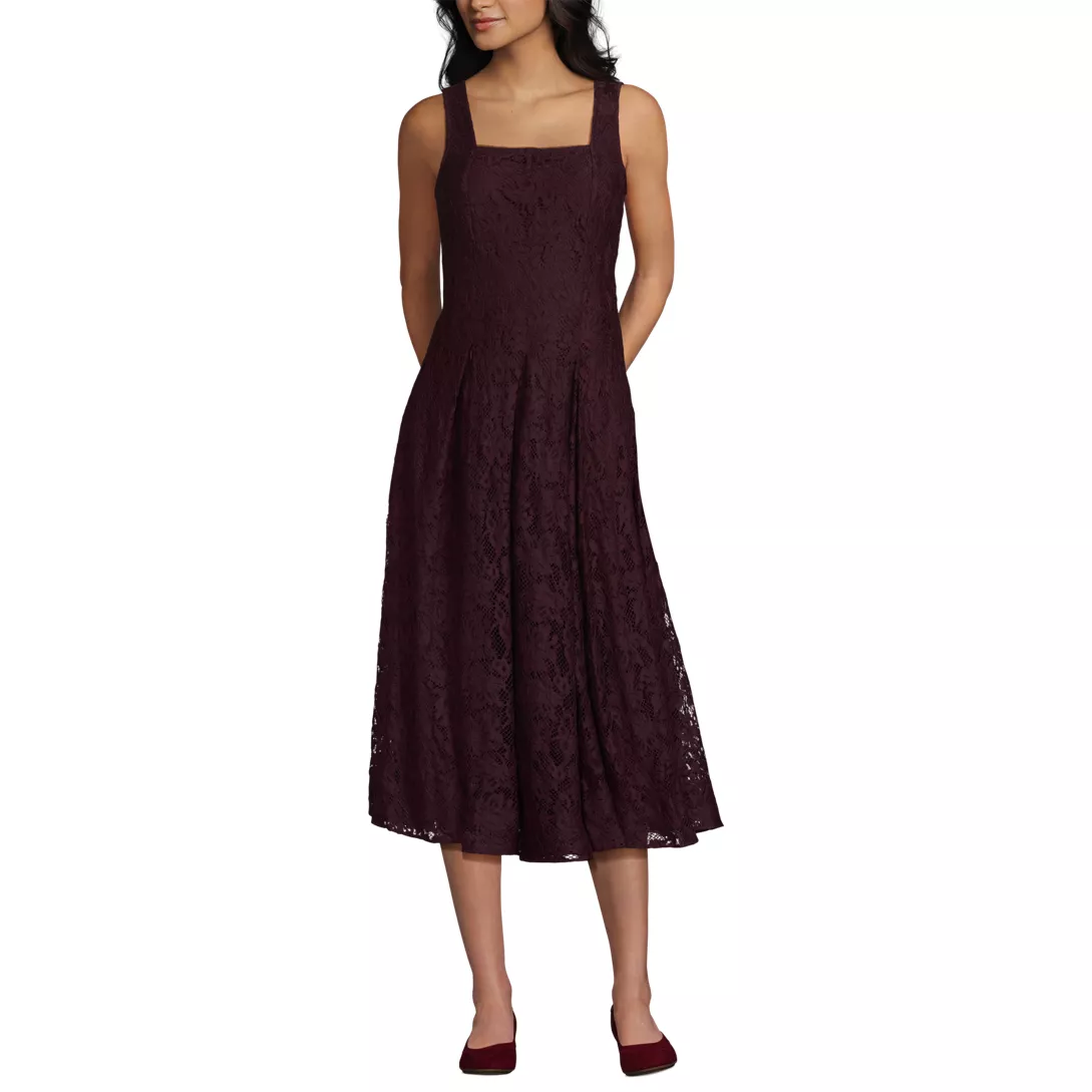 Women's Lace Pleated Square Neck Midi Dress