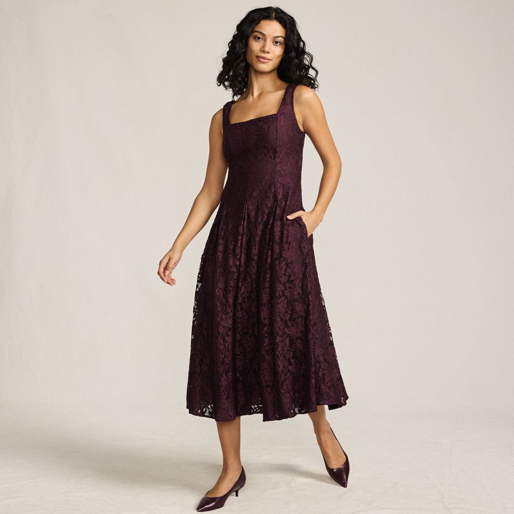 Women's Lace Pleated Square Neck Midi Dress | Lands' End