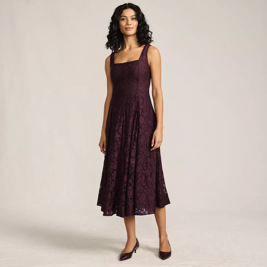 Women's Lace Pleated Square Neck Midi Dress