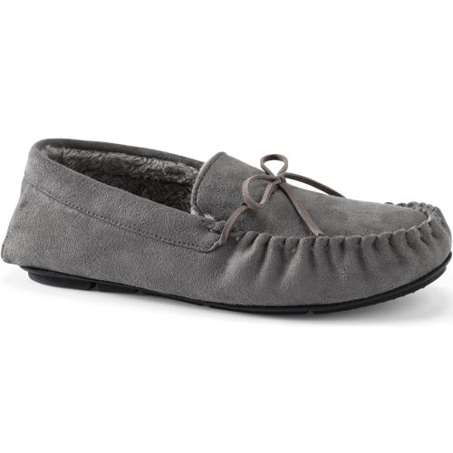 Faux Suede Moccasin Slippers, Men, size: 8, regular, Grey, Polyester, by Lands' End