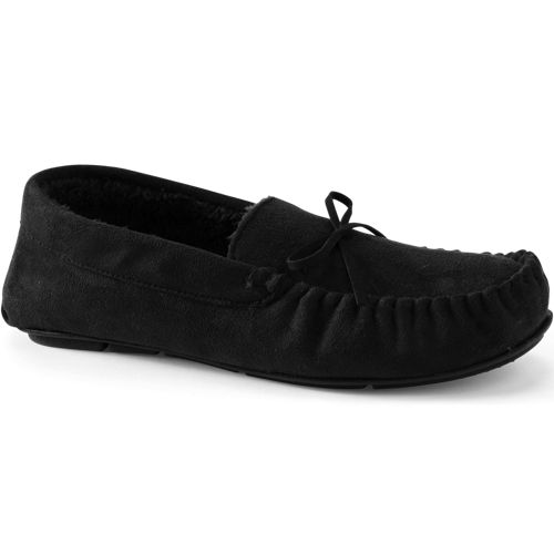 Faux Suede Moccasin Slippers, Men, size: 9, regular, Black, Polyester, by Lands' End