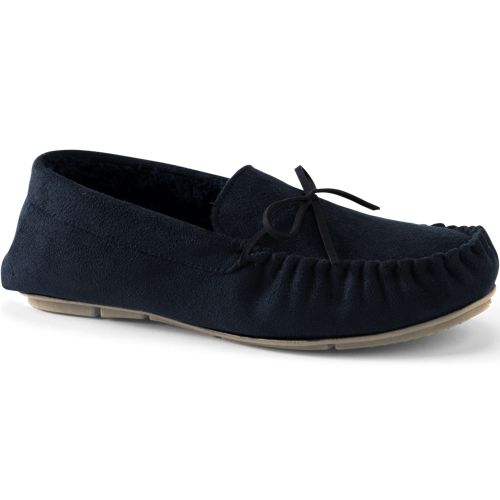 Faux Suede Moccasin Slippers, Men, size: 7, regular, Blue, Polyester, by Lands' End